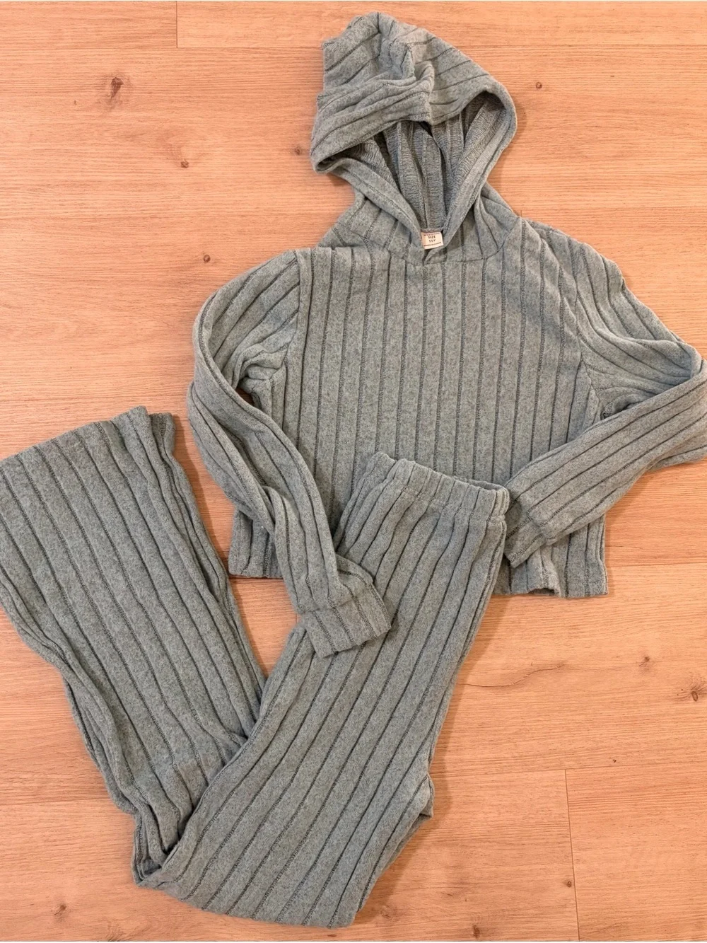 SHEIN Girls Blue Ribbed Knit Flared Pants Set with Hood
